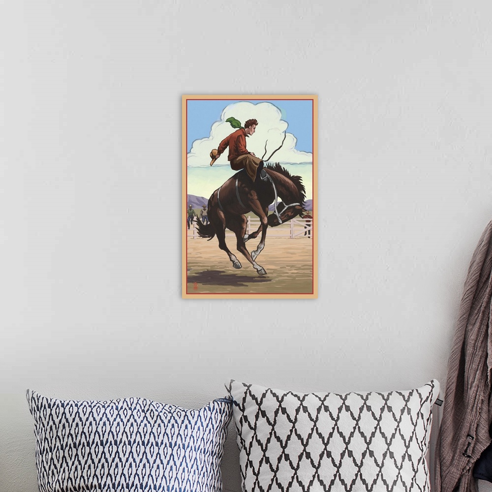 A bohemian room featuring Bronco Bucking: Retro Poster
