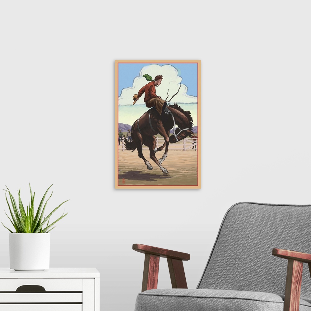 A modern room featuring Bronco Bucking: Retro Poster