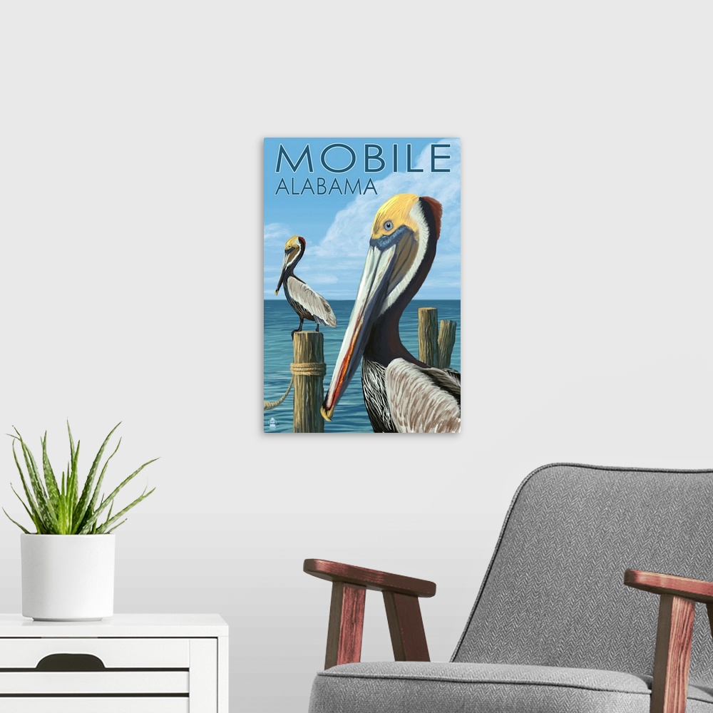 A modern room featuring Brown Pelican - Mobile, Alabama: Retro Travel Poster
