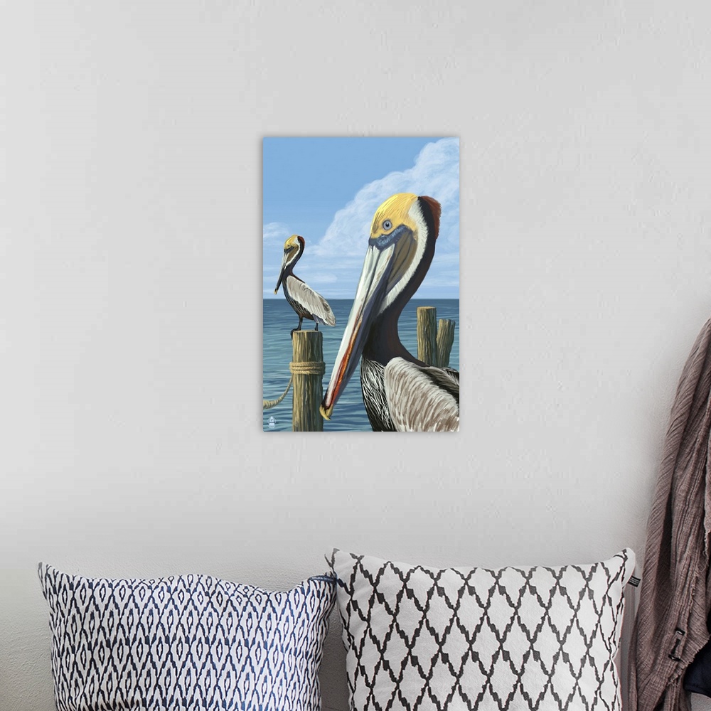 A bohemian room featuring Brown Pelican: Retro Poster