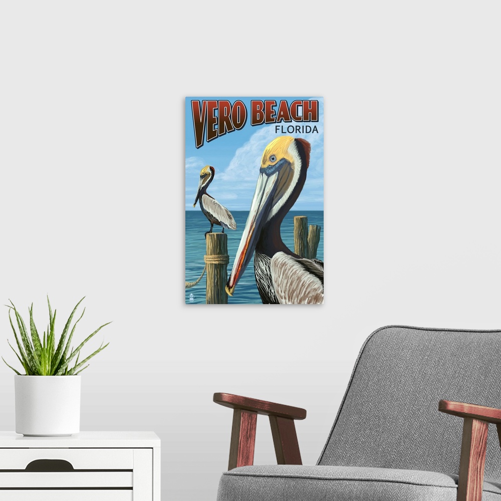 A modern room featuring Retro stylized art poster of two sea birds pearched on the edge of a pier.