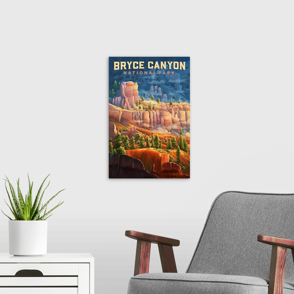 A modern room featuring Bryce Canyon National Park, Natural Landscape: Retro Travel Poster
