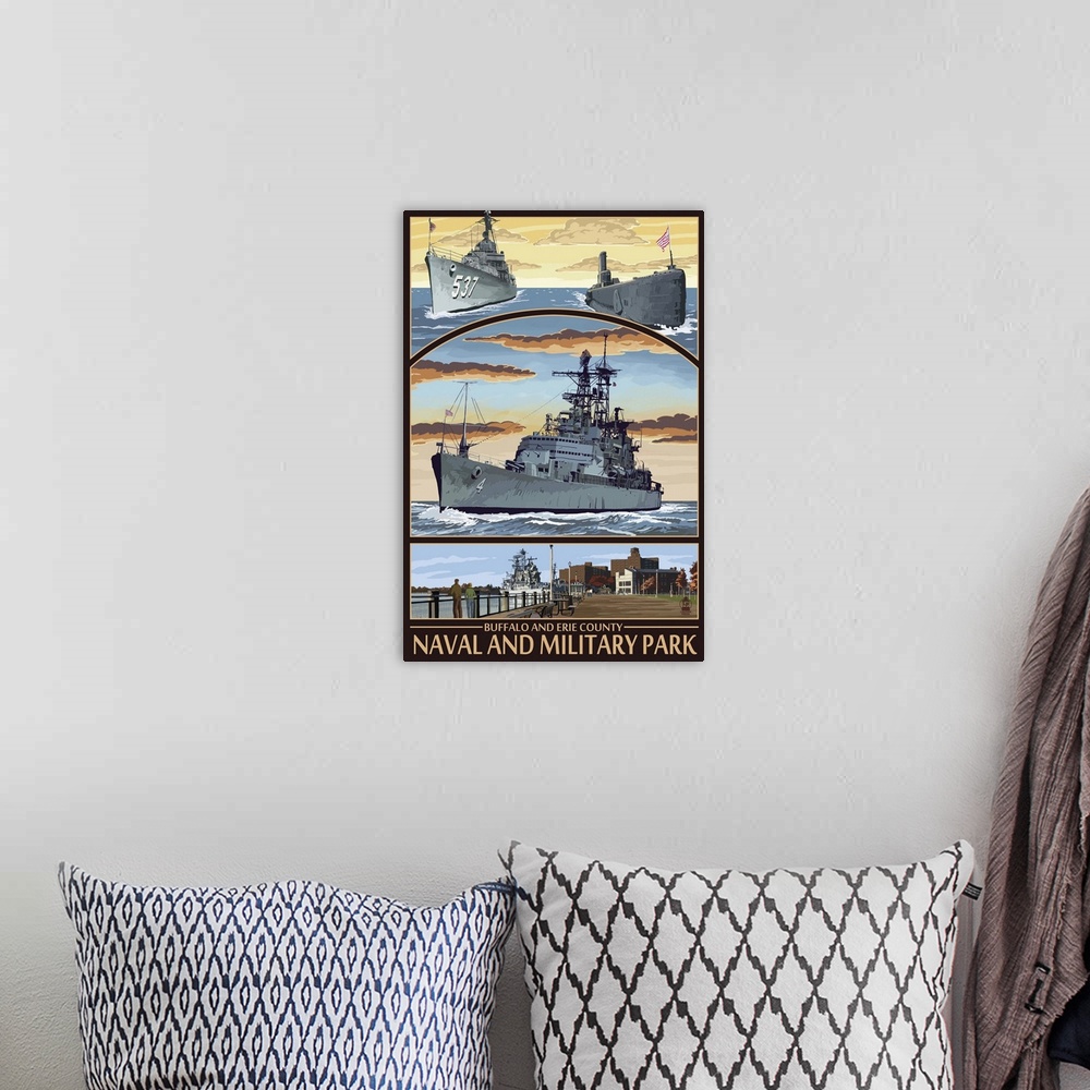 A bohemian room featuring Buffalo and Erie County Naval and Military Park: Retro Travel Poster