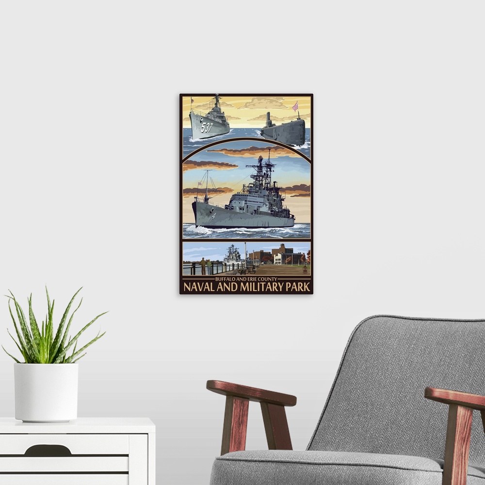 A modern room featuring Buffalo and Erie County Naval and Military Park: Retro Travel Poster