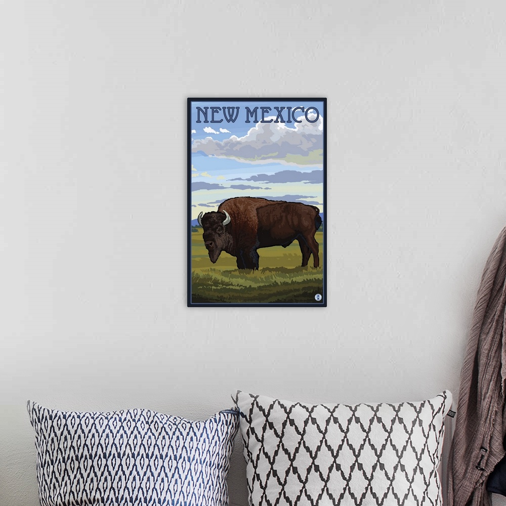 A bohemian room featuring Retro stylized art poster of a bison on the plains, with clouds in the sky overhead.
