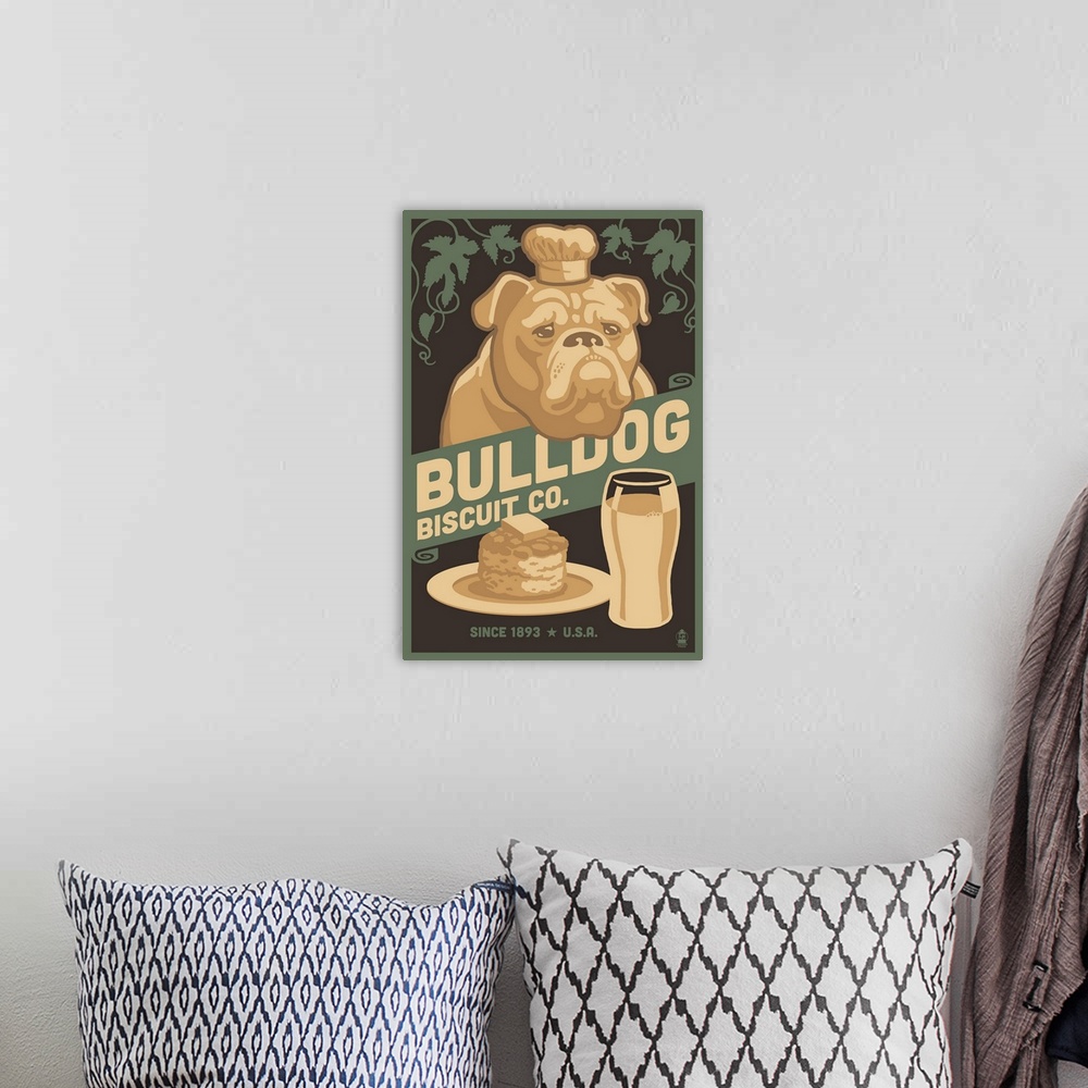 A bohemian room featuring Bulldog, Retro Bisquit Ad
