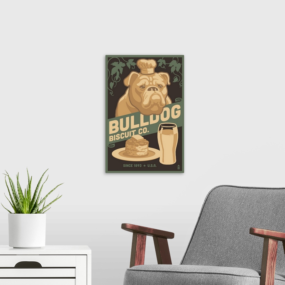A modern room featuring Bulldog, Retro Bisquit Ad