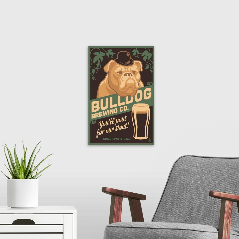 A modern room featuring Bulldog, Retro Stout Beer Ad