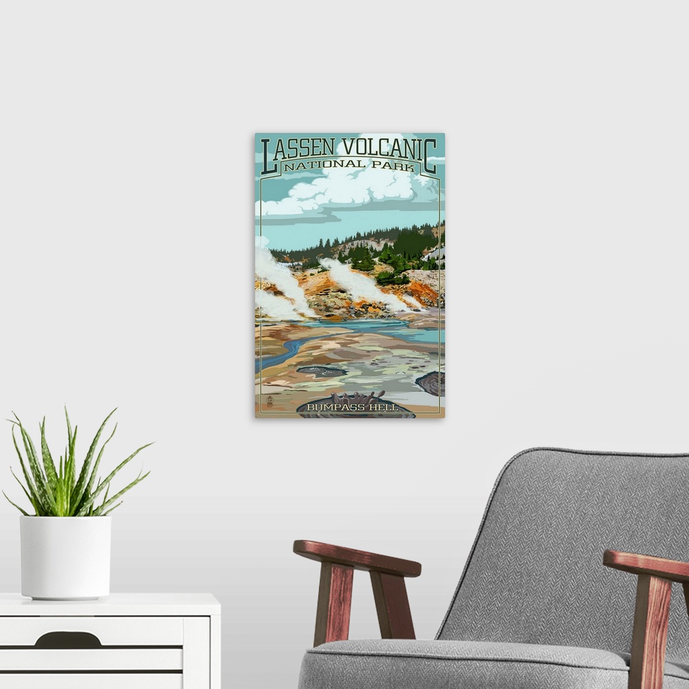 A modern room featuring Retro stylized art poster of volcanic hot spring, with steam rising.