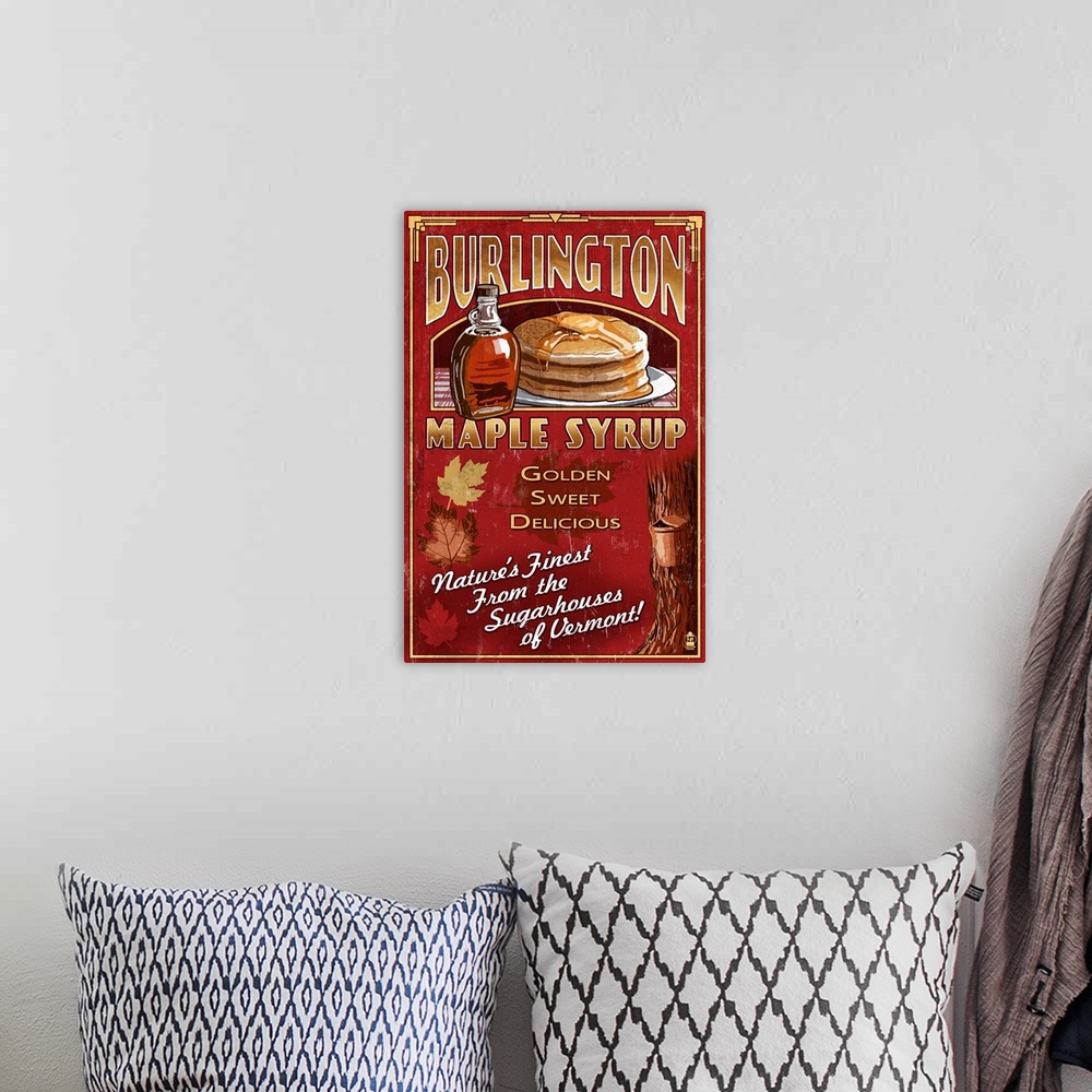 A bohemian room featuring Burlington, Vermont - Maple Syrup Vintage Sign: Retro Travel Poster