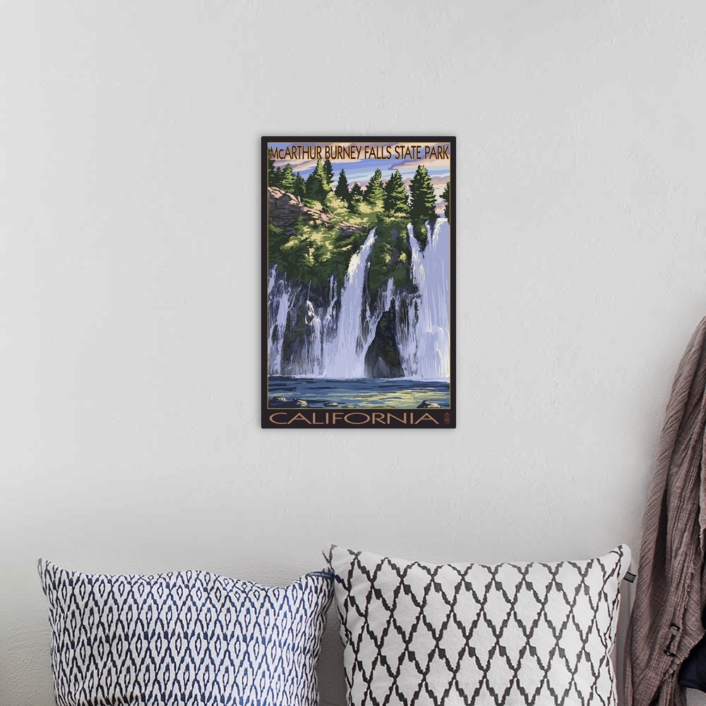 A bohemian room featuring Burney Falls, California Scene: Retro Travel Poster