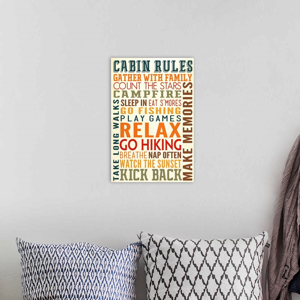 A bohemian room featuring Cabin Rules Typography