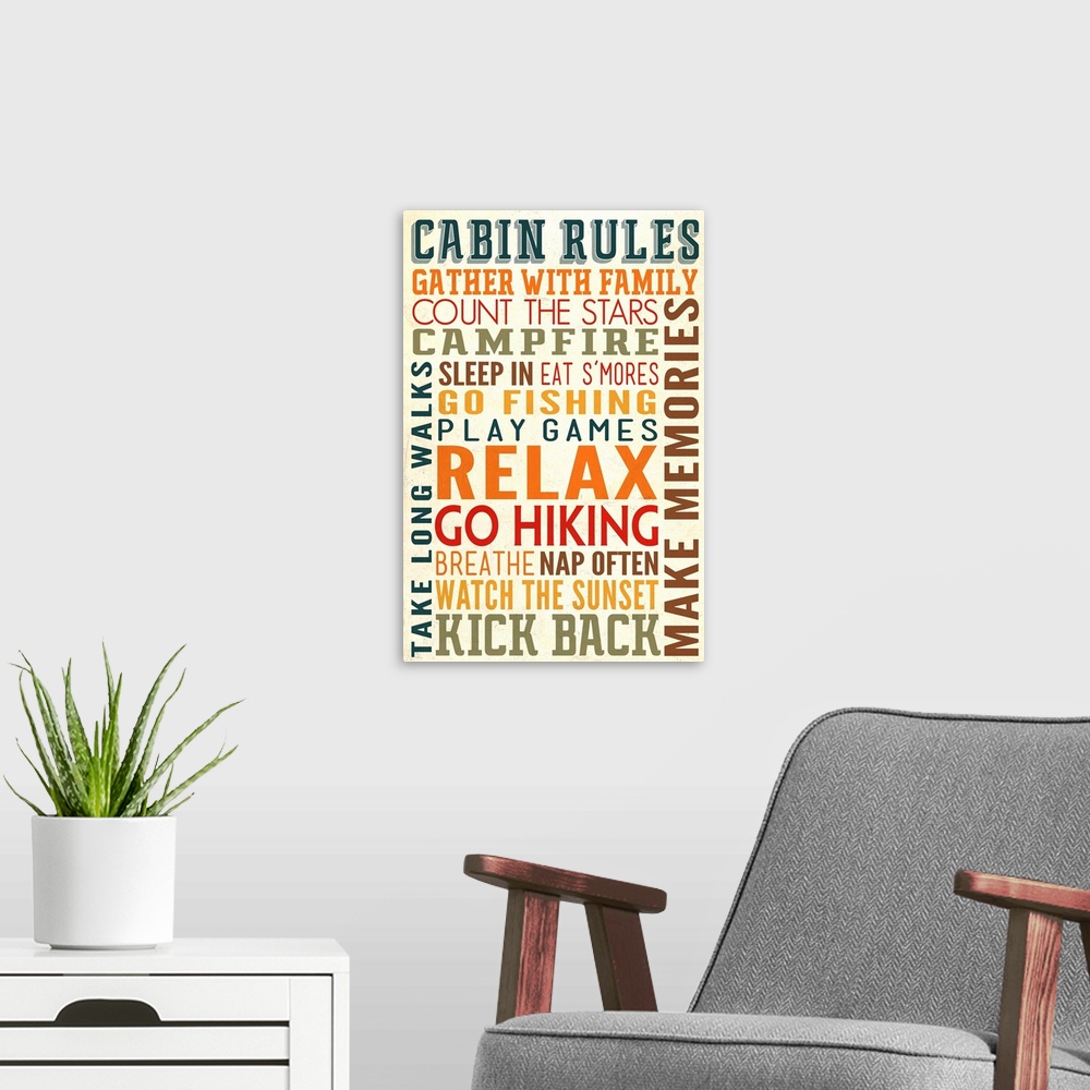 A modern room featuring Cabin Rules Typography