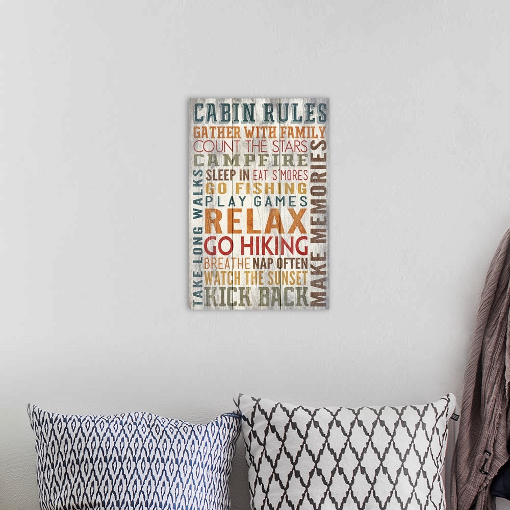 A bohemian room featuring Cabin Rules Typography, Barnwood Painting