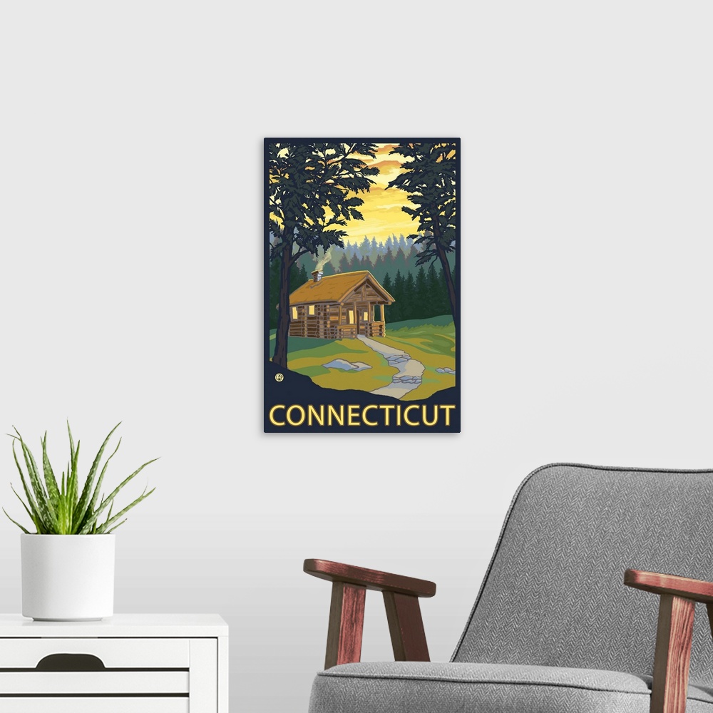 A modern room featuring Cabin Scene - Connecticut: Retro Travel Poster