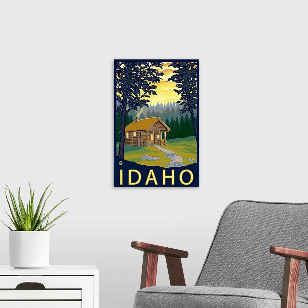 A modern room featuring Cabin Scene - Idaho: Retro Travel Poster