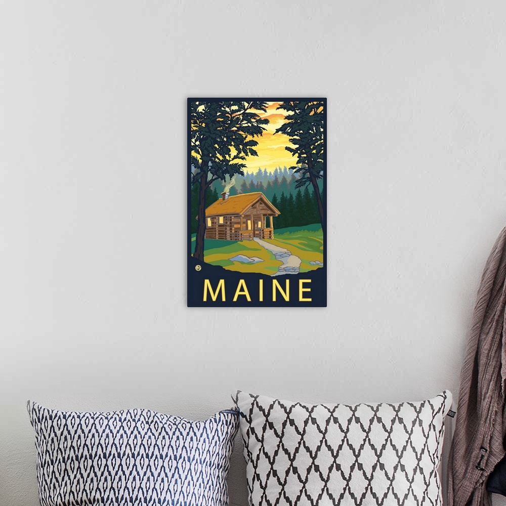 A bohemian room featuring Cabin Scene - Maine: Retro Travel Poster
