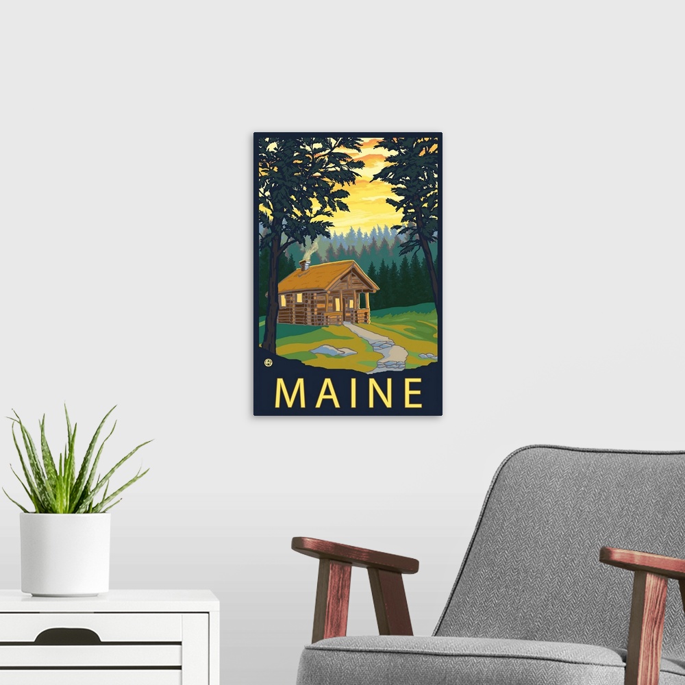 A modern room featuring Cabin Scene - Maine: Retro Travel Poster