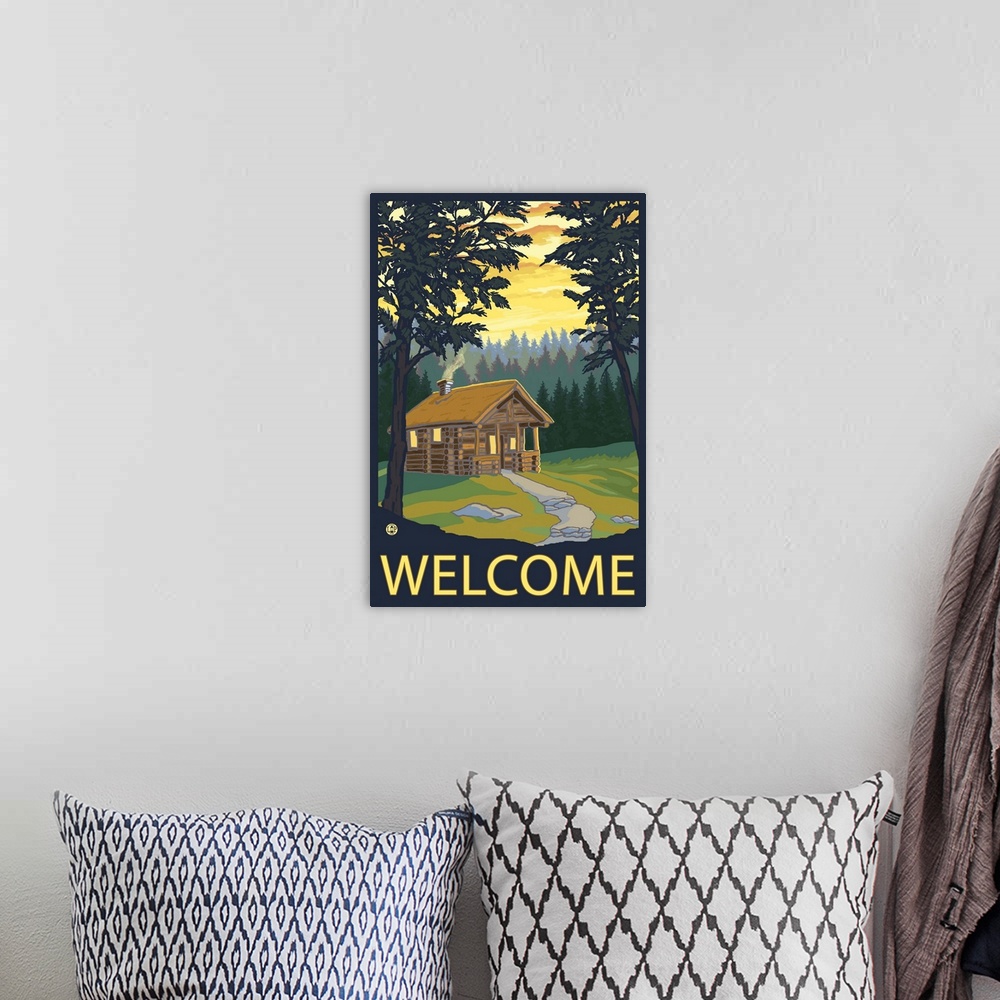 A bohemian room featuring Cabin Scene - Welcome: Retro Travel Poster