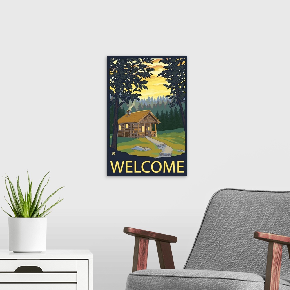 A modern room featuring Cabin Scene - Welcome: Retro Travel Poster