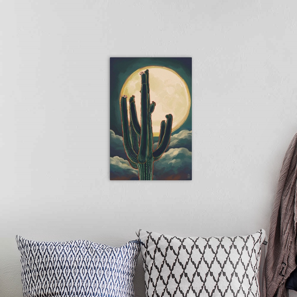 A bohemian room featuring Cactus and Full Moon: Retro Poster Art