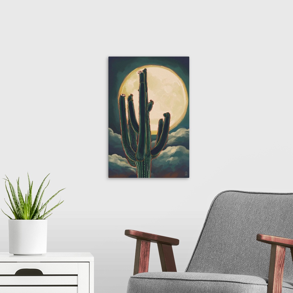 A modern room featuring Cactus and Full Moon: Retro Poster Art