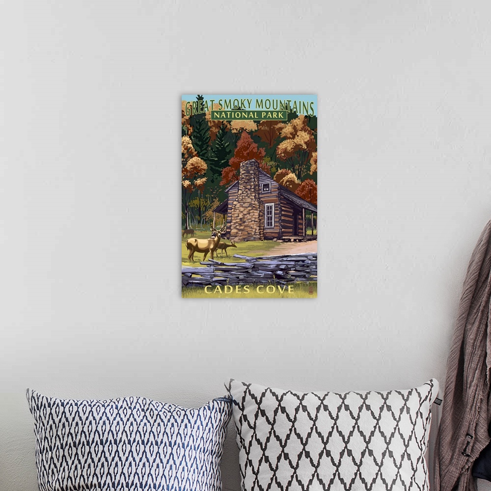 A bohemian room featuring Cades Cove and John Oliver Cabin  - Great Smoky Mountains, TN: Retro Travel Poster