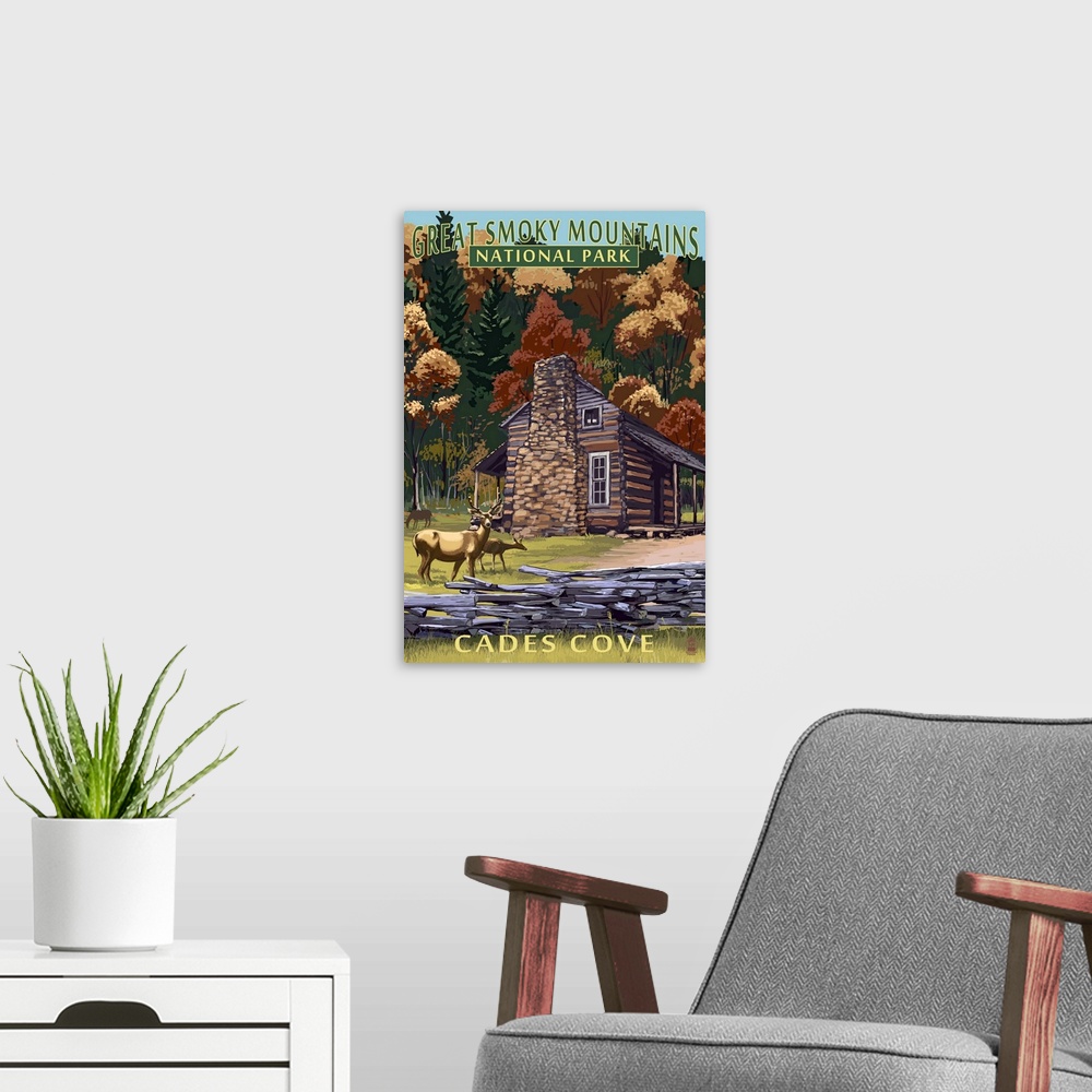A modern room featuring Cades Cove and John Oliver Cabin  - Great Smoky Mountains, TN: Retro Travel Poster