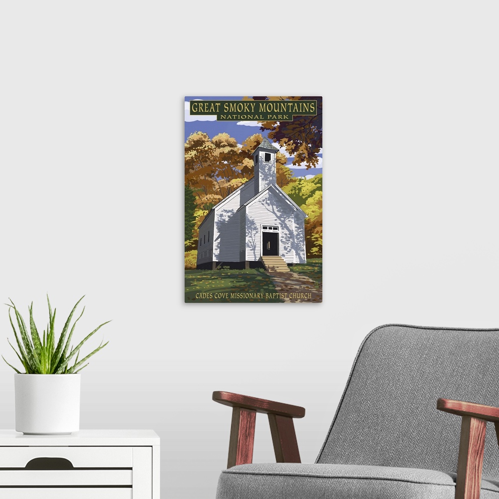 A modern room featuring Cades Cove Baptist Church - Great Smoky Mountains National Park, TN: Retro Travel Poster