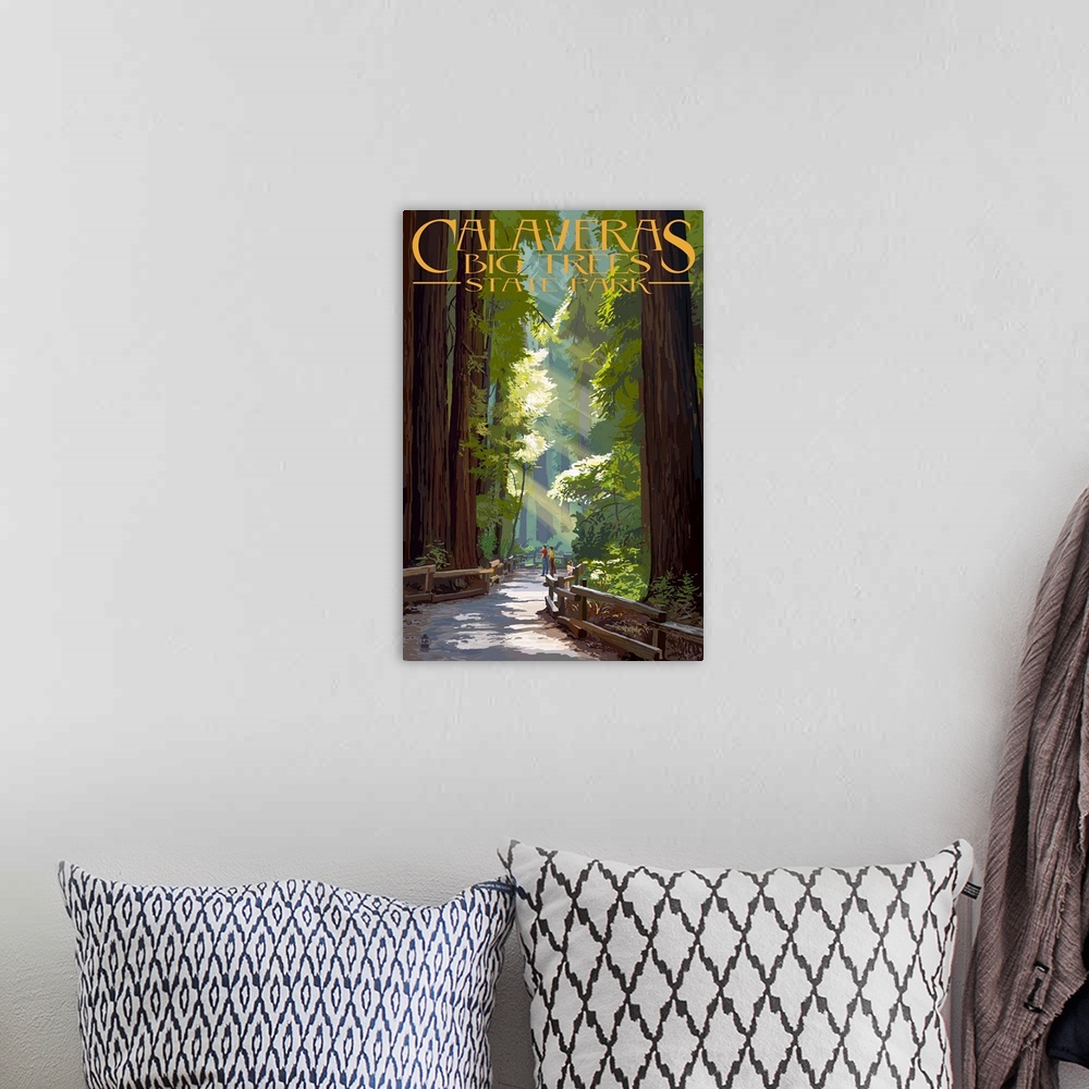 A bohemian room featuring Calaveras Big Trees State Park - Pathway in Trees: Retro Travel Poster