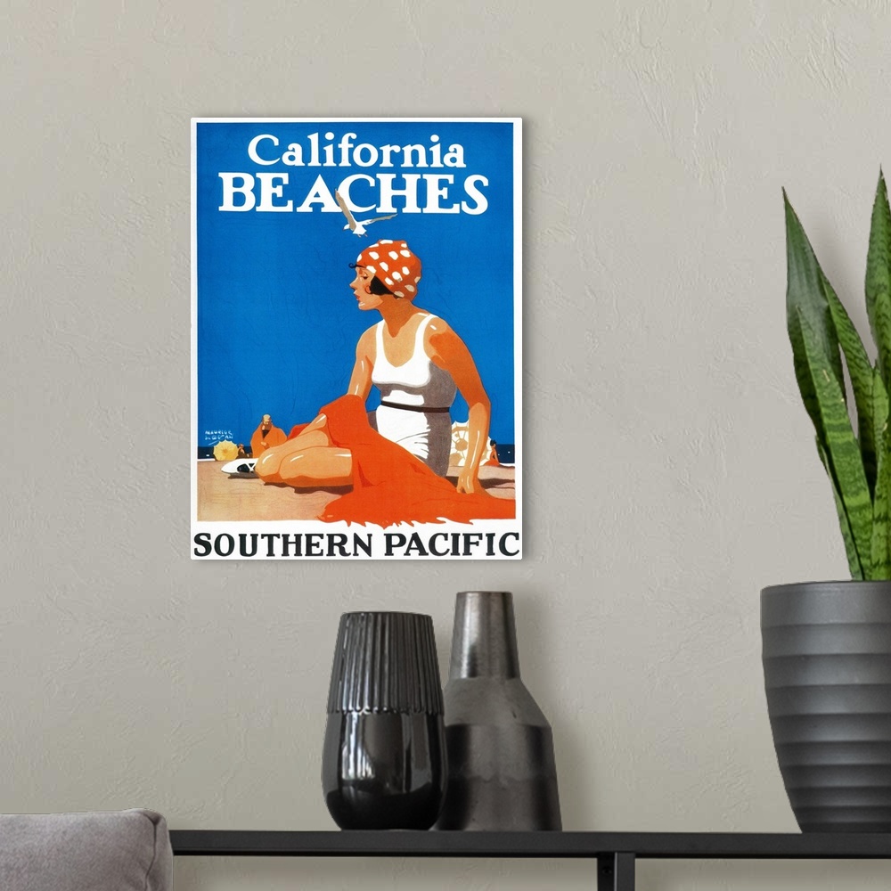A modern room featuring California Beaches Promotional Poster, California