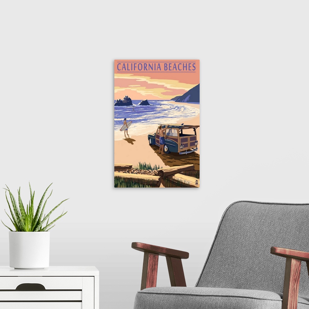 A modern room featuring California Beaches - Woody on Beach: Retro Travel Poster