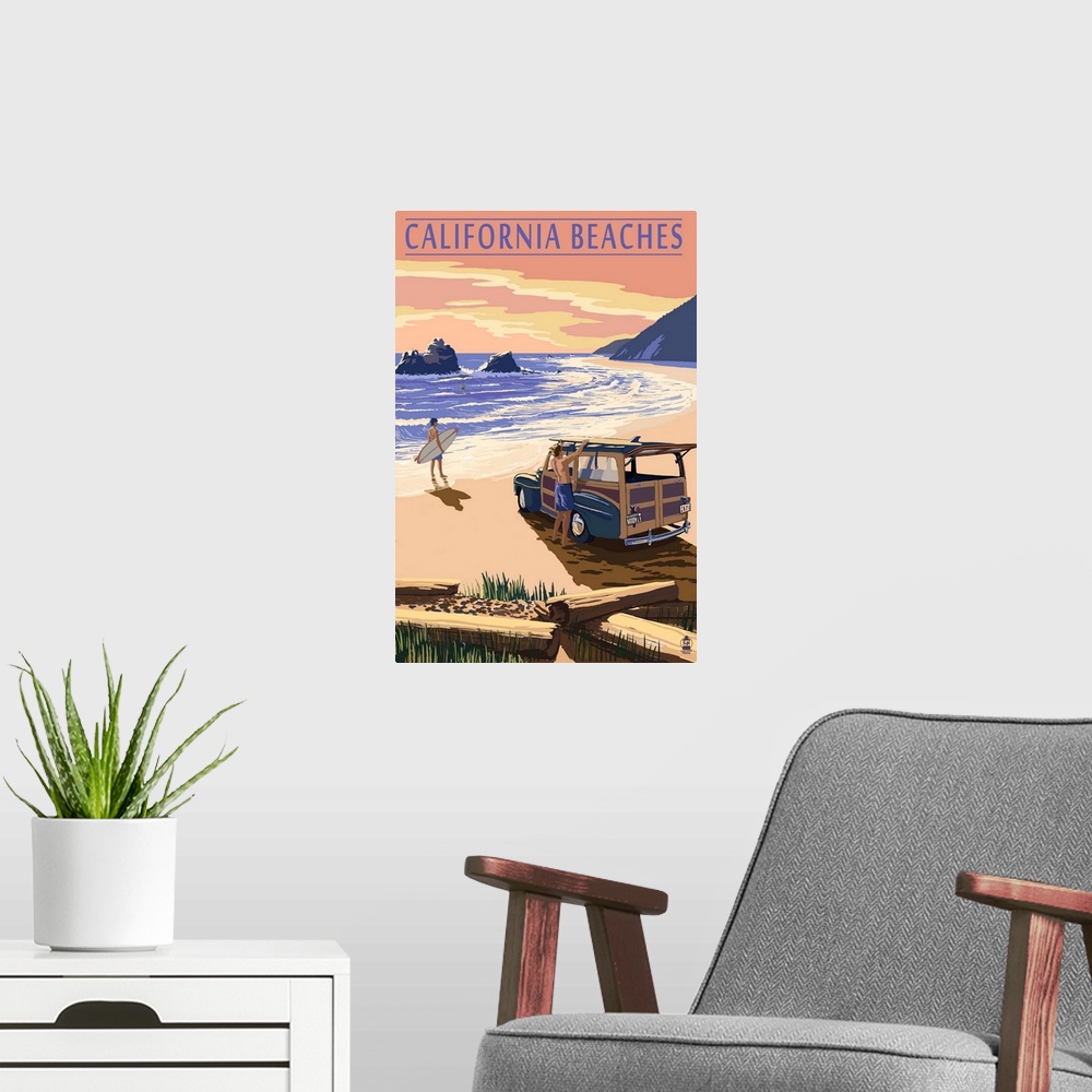 A modern room featuring California Beaches - Woody on Beach: Retro Travel Poster