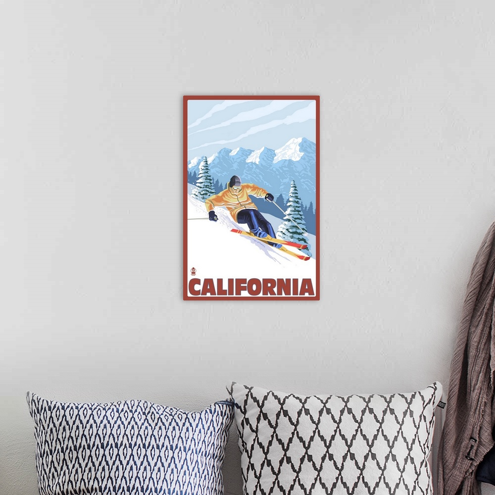 A bohemian room featuring California - Downhill Skier: Retro Travel Poster