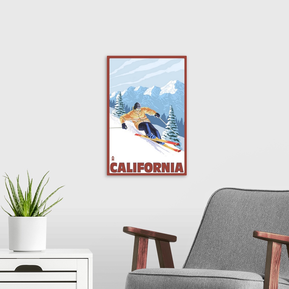 A modern room featuring California - Downhill Skier: Retro Travel Poster