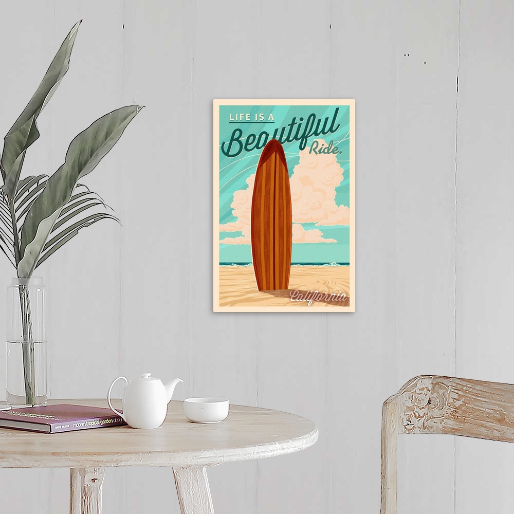 A farmhouse room featuring California, Life is a Beautiful Ride, Surfboard, Letterpress