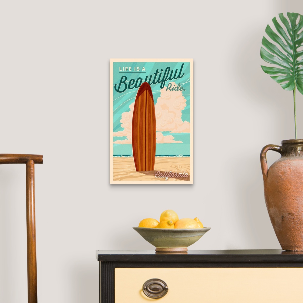 A traditional room featuring California, Life is a Beautiful Ride, Surfboard, Letterpress
