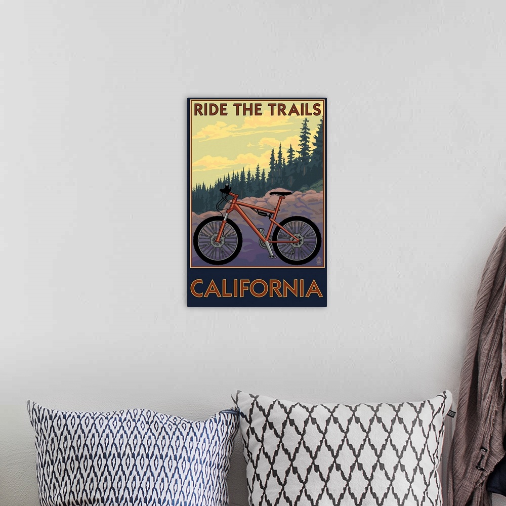 A bohemian room featuring California - Mountain Bike Scene: Retro Travel Poster