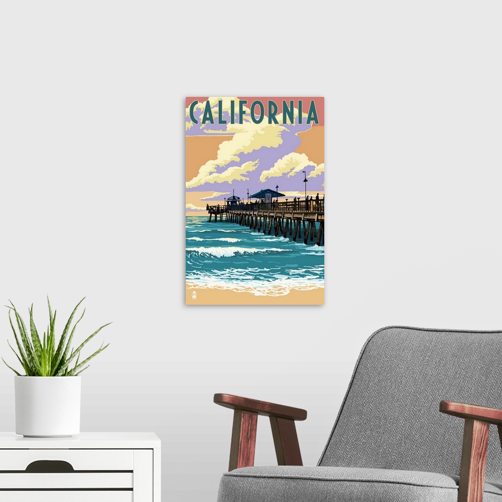 A modern room featuring California - Pier Scene: Retro Travel Poster