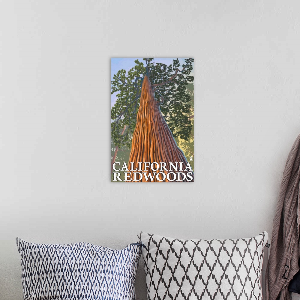A bohemian room featuring California Redwoods - Looking Up Tree: Retro Travel Poster