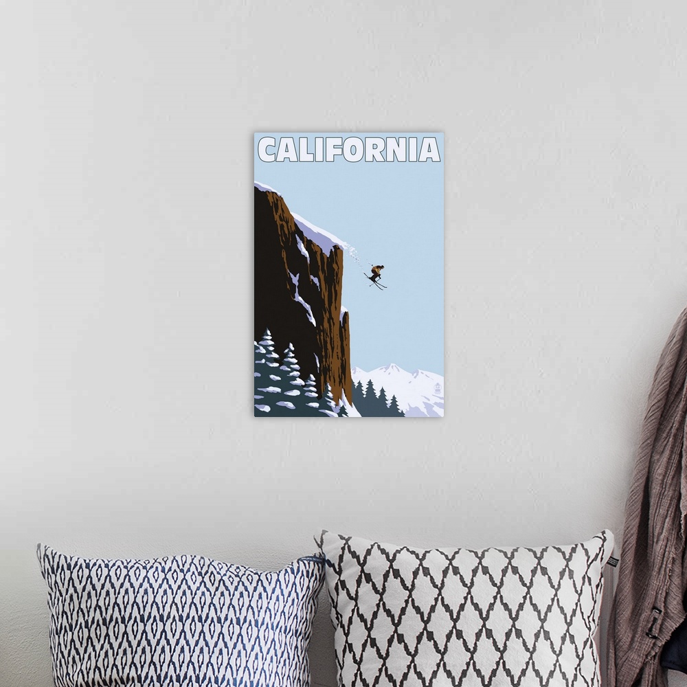 A bohemian room featuring California - Skier Jumping: Retro Travel Poster