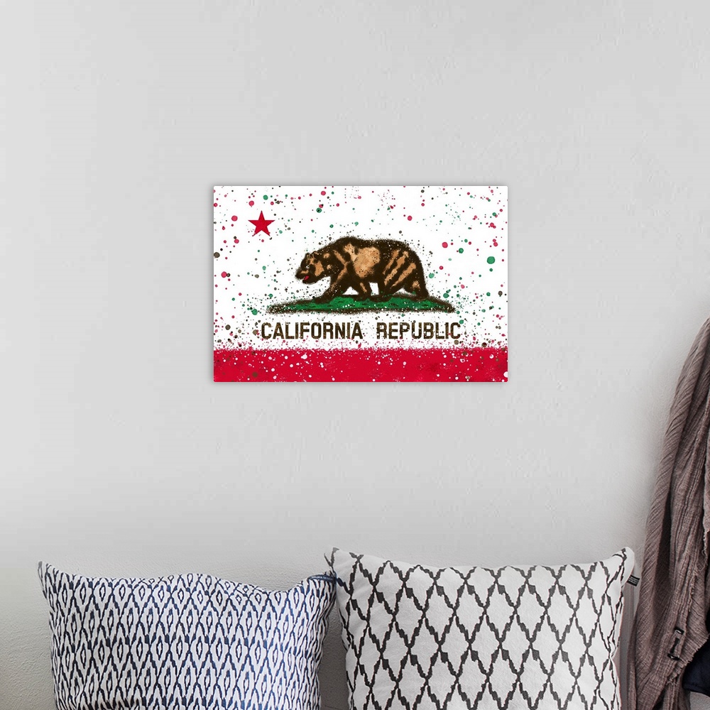 A bohemian room featuring California State Flag - Abstract Watercolor Splatter