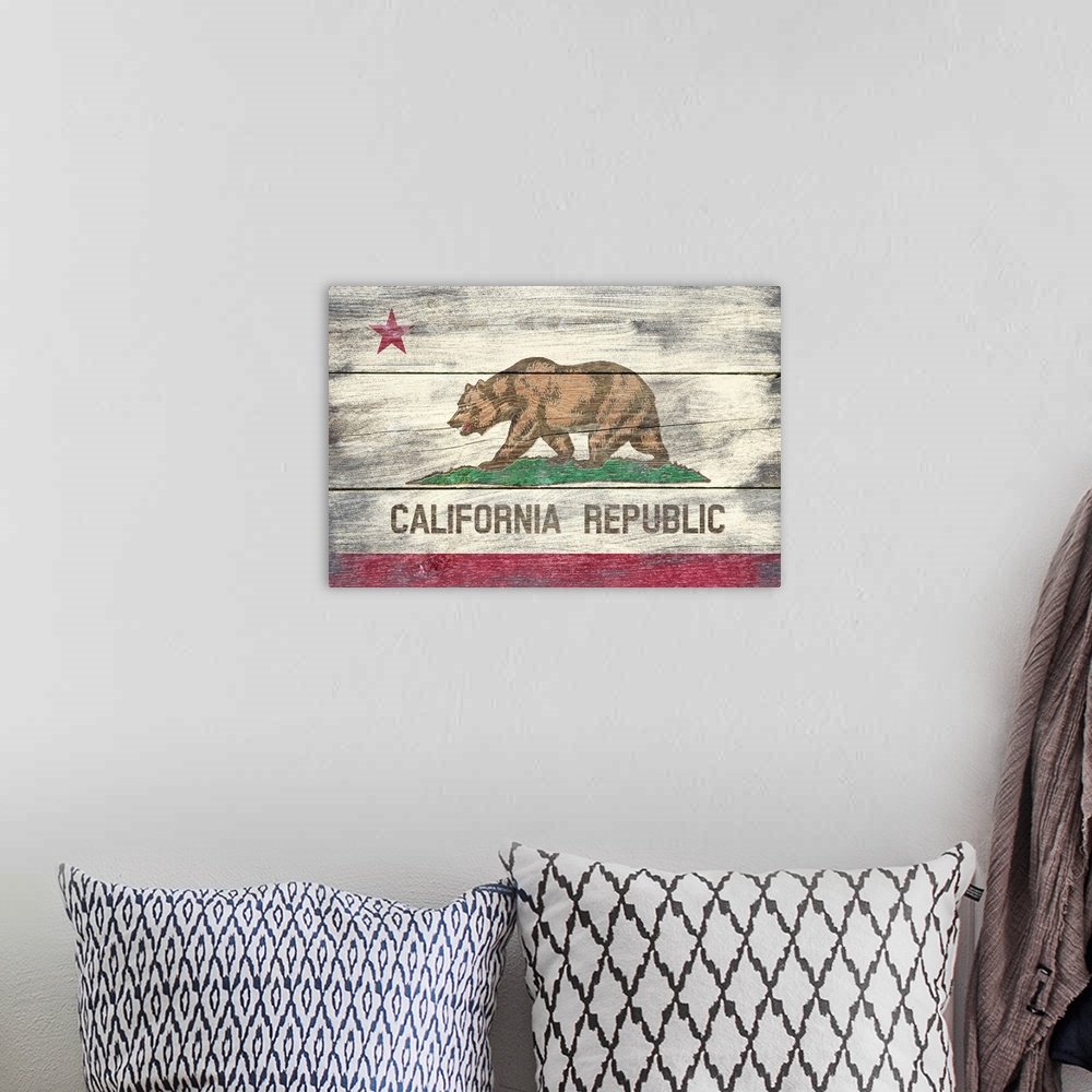 A bohemian room featuring California State Flag, Barnwood Painting