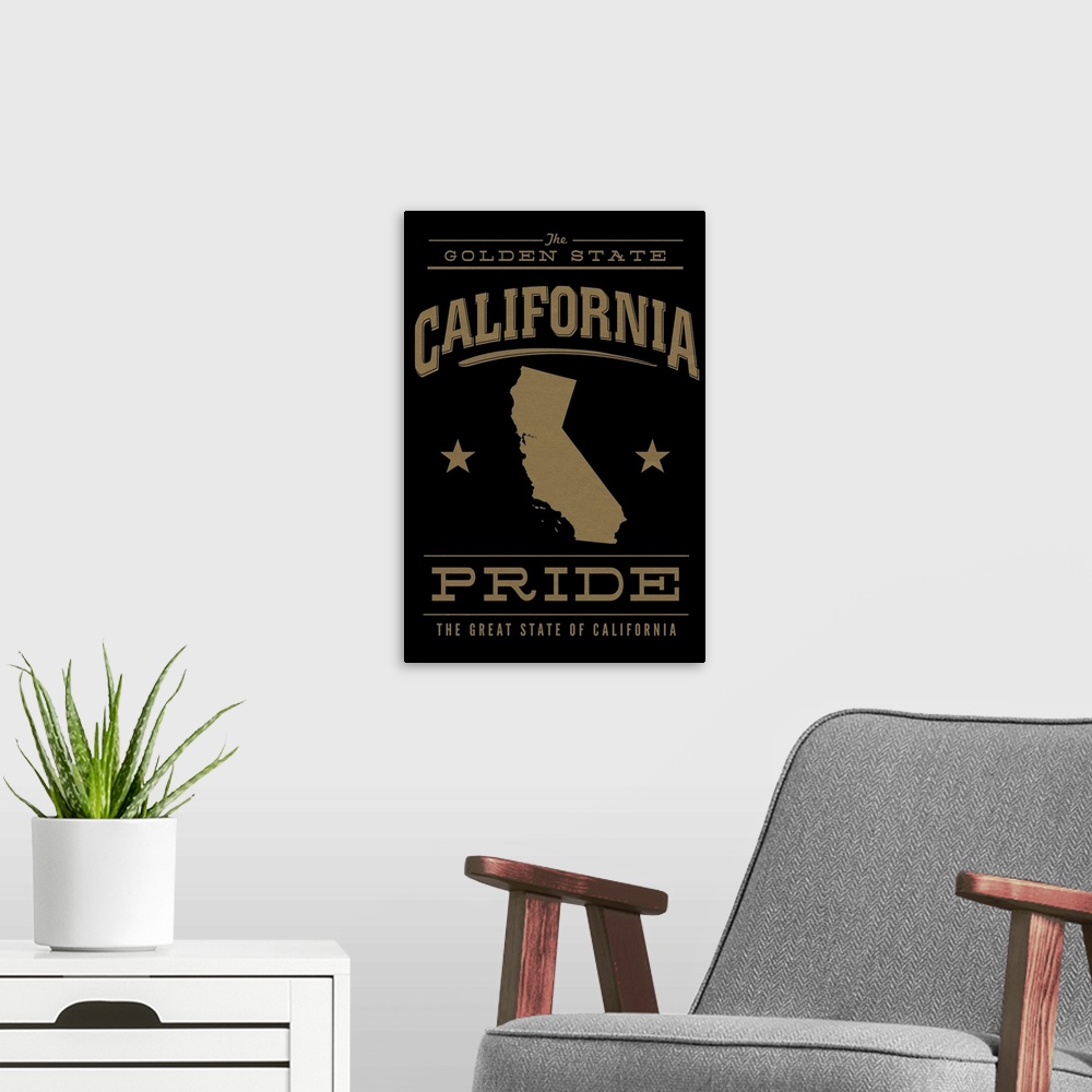 A modern room featuring The California state outline on black with gold text.