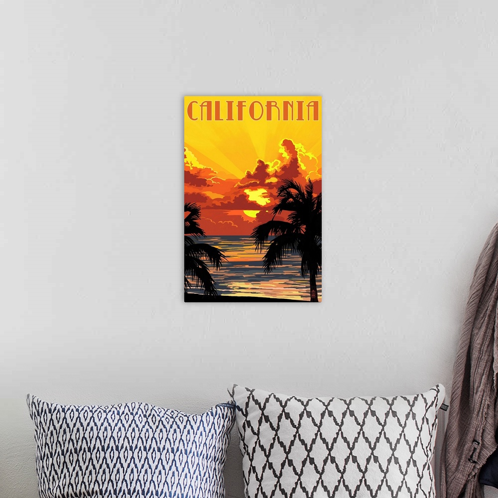 A bohemian room featuring California - Sunset : Retro Travel Poster