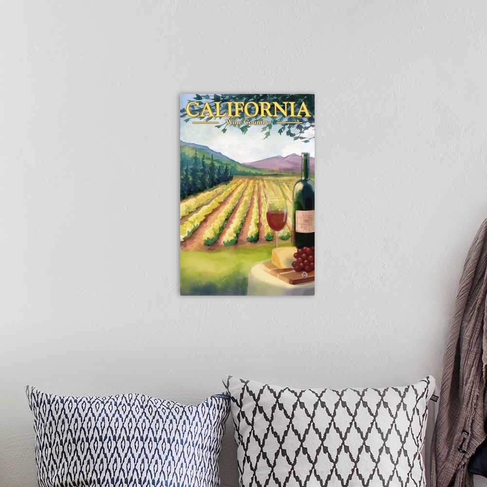 A bohemian room featuring California Wine Country: Retro Travel Poster
