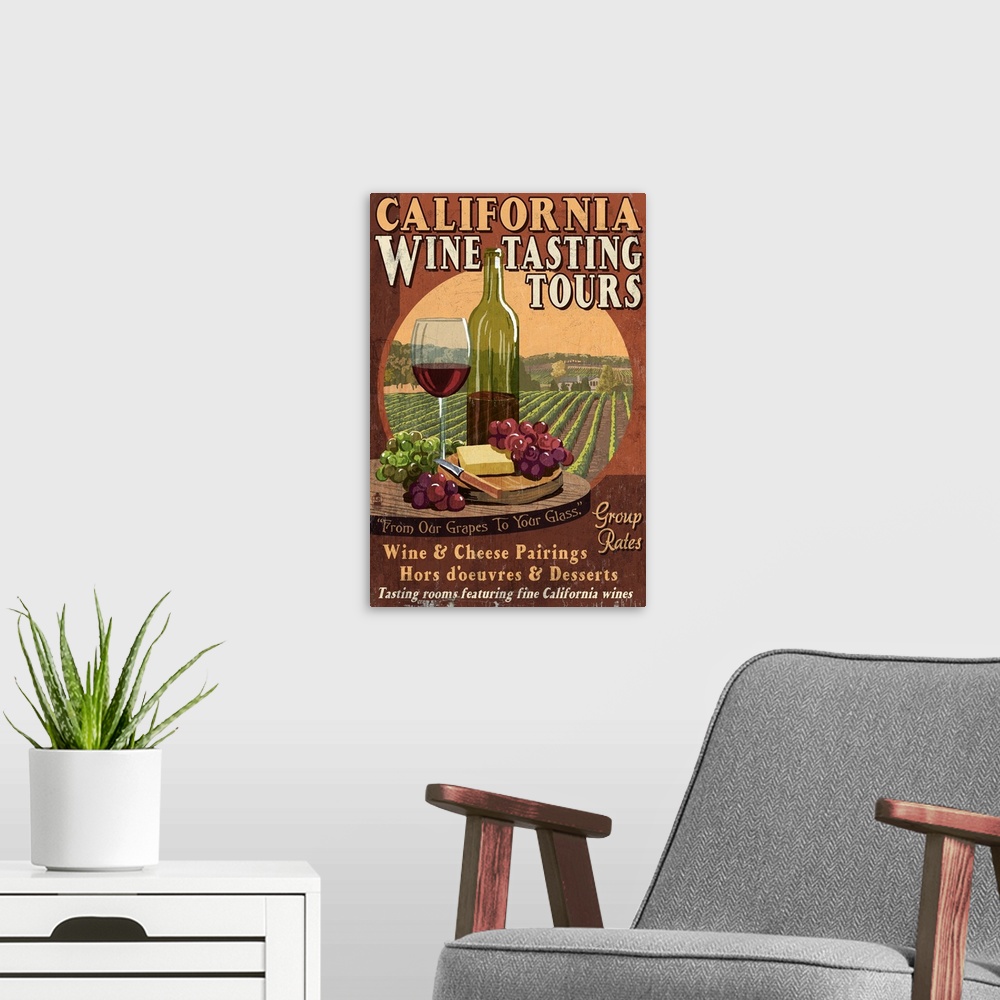 A modern room featuring A retro stylized art poster advertising vineyard tours with a bottle, glass of vine, grapes, and ...