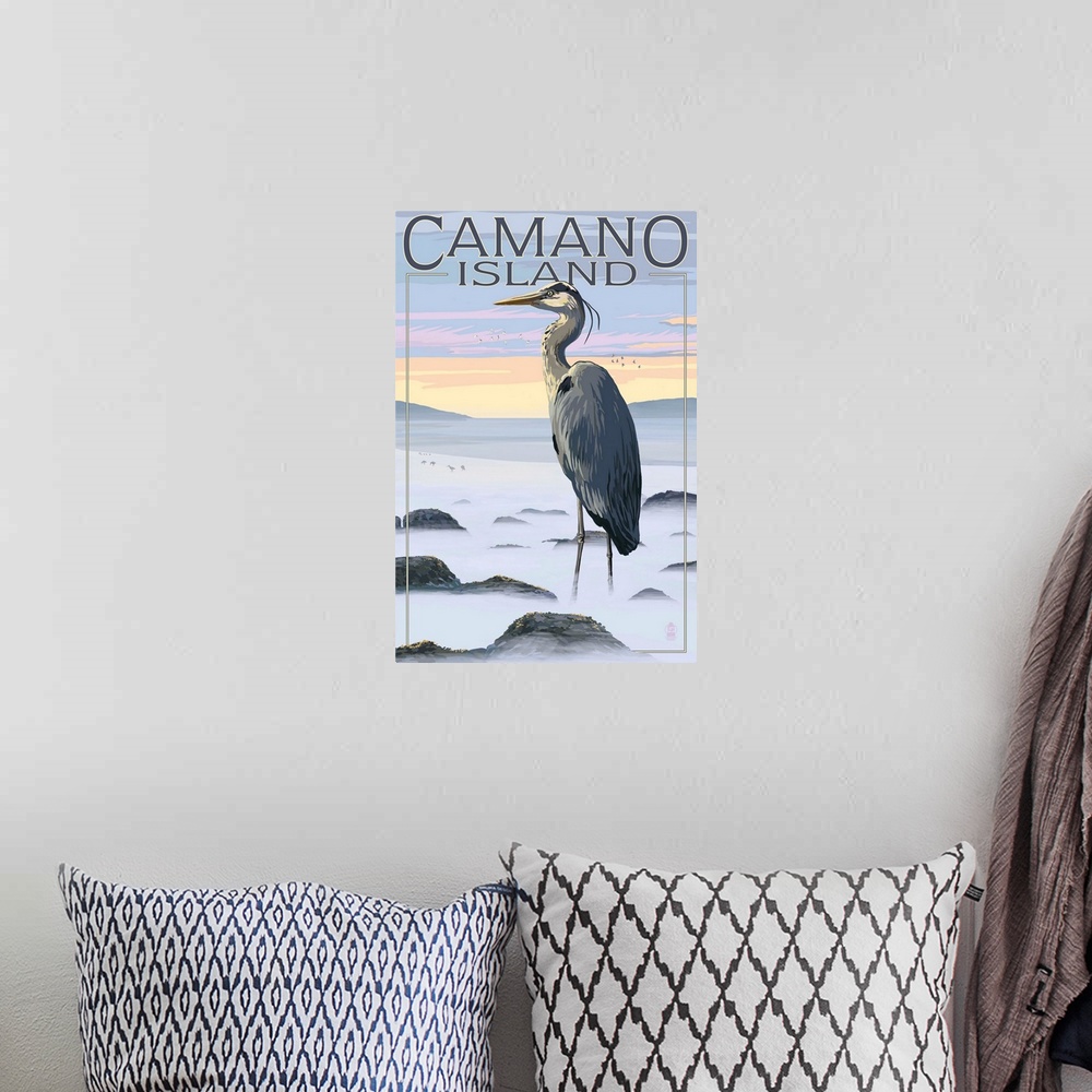 A bohemian room featuring Retro stylized art poster of a blue heron standing in hazy rocky landscape.