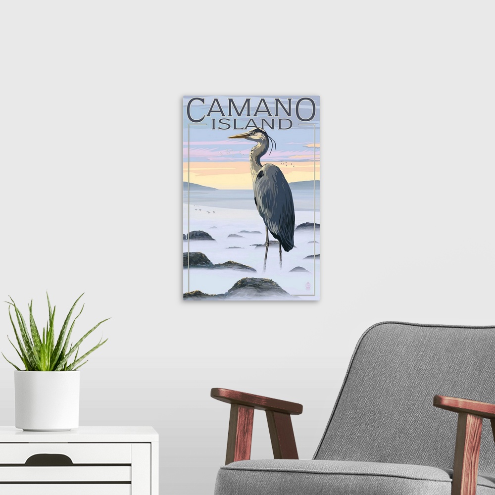 A modern room featuring Retro stylized art poster of a blue heron standing in hazy rocky landscape.