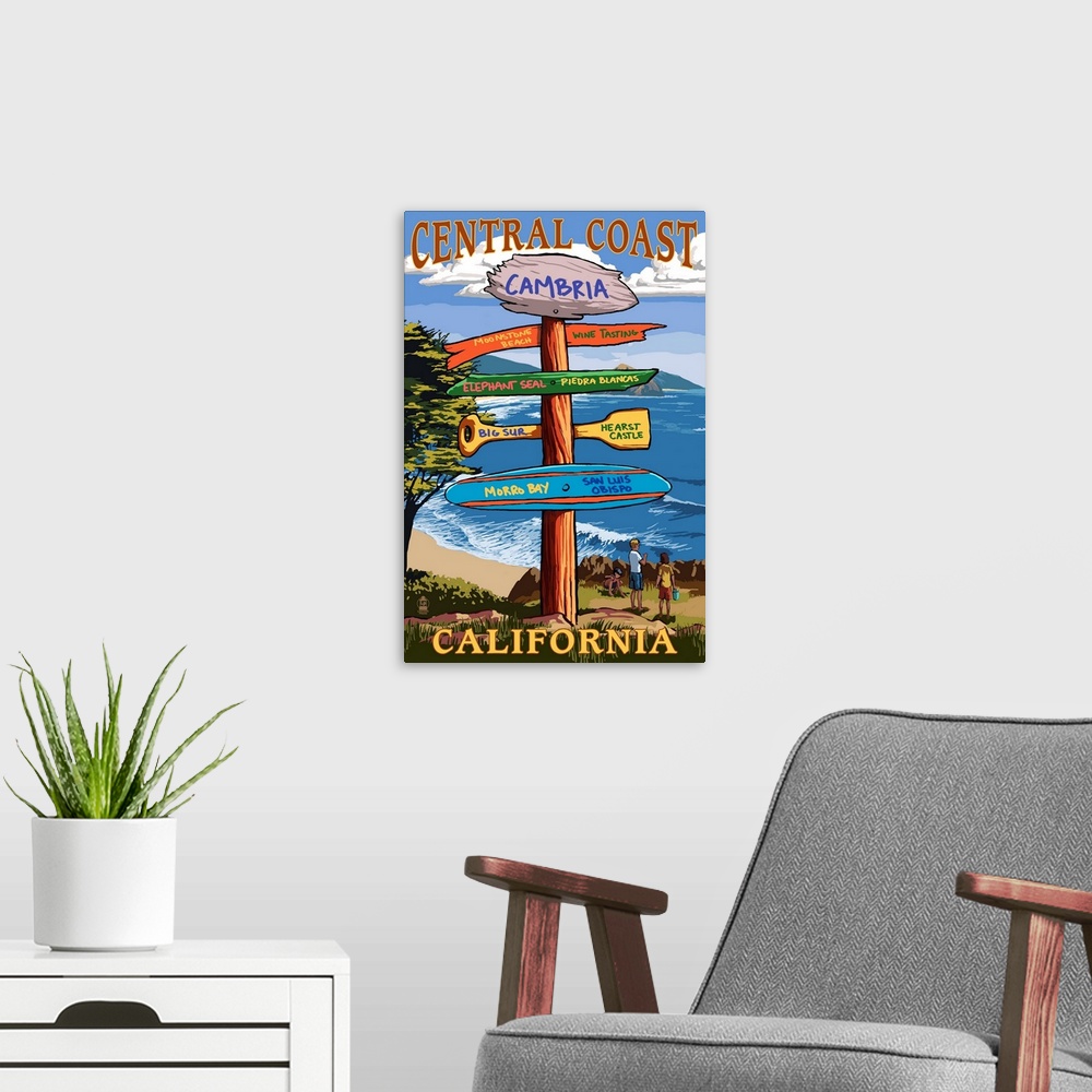 A modern room featuring Cambria, California, Central Coast Destination Sign
